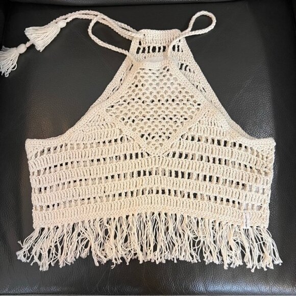 One Teaspoon Husk Bodice Crochet Halter Top Cropped with Fringe Sz S - Picture 3 of 12